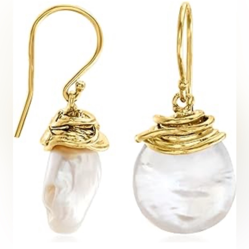 Yam 14 KT Gold Plated Sterling Silver 925 Coin Pearl Earrings Israeli Designer